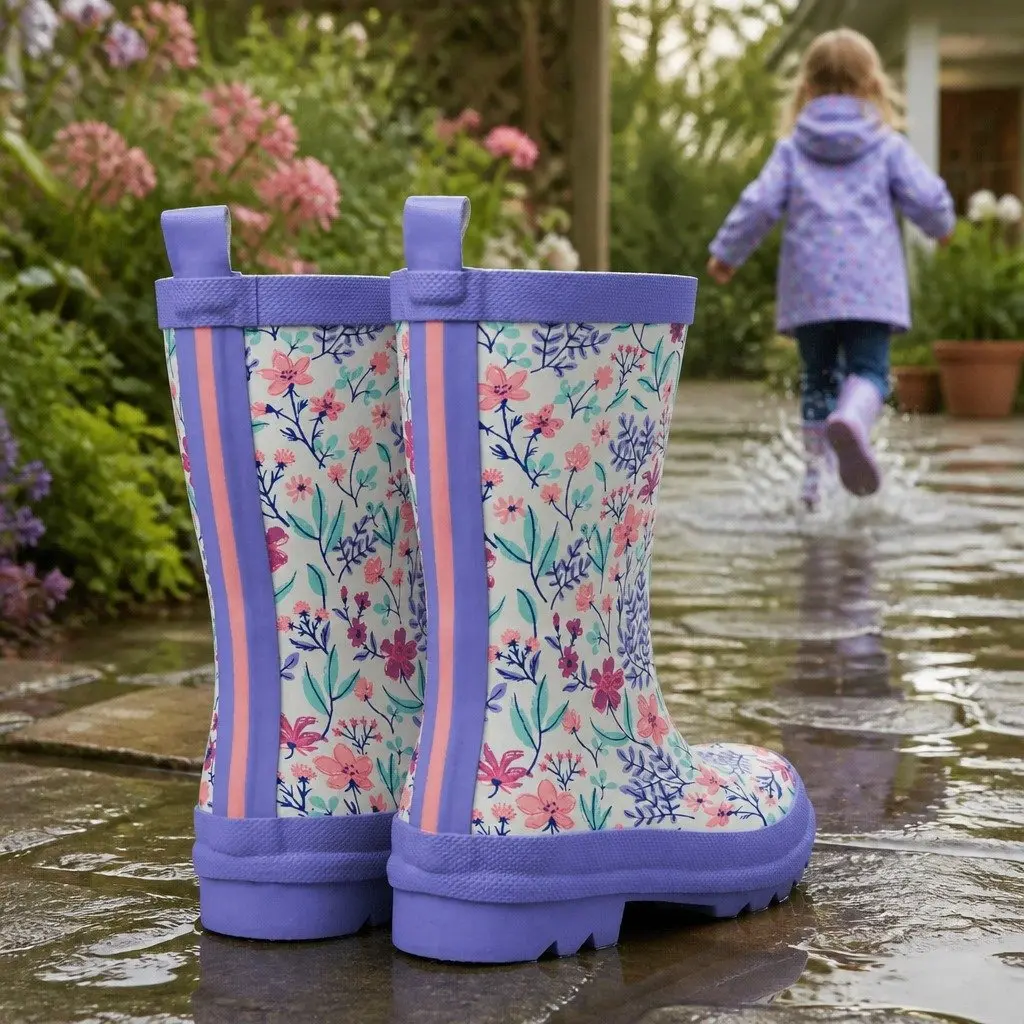 Kids Rain Boots Pink Navy Size 4 Waterproof Slip-Resistant Rubber