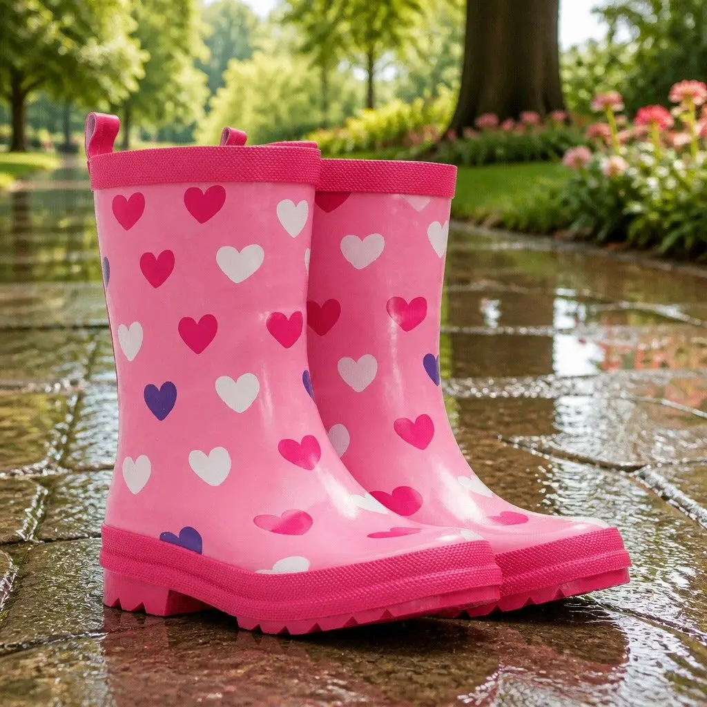 Kids Rain Boots Pink Navy Size 8 Waterproof Slip Resistant Matte Removable Insole
