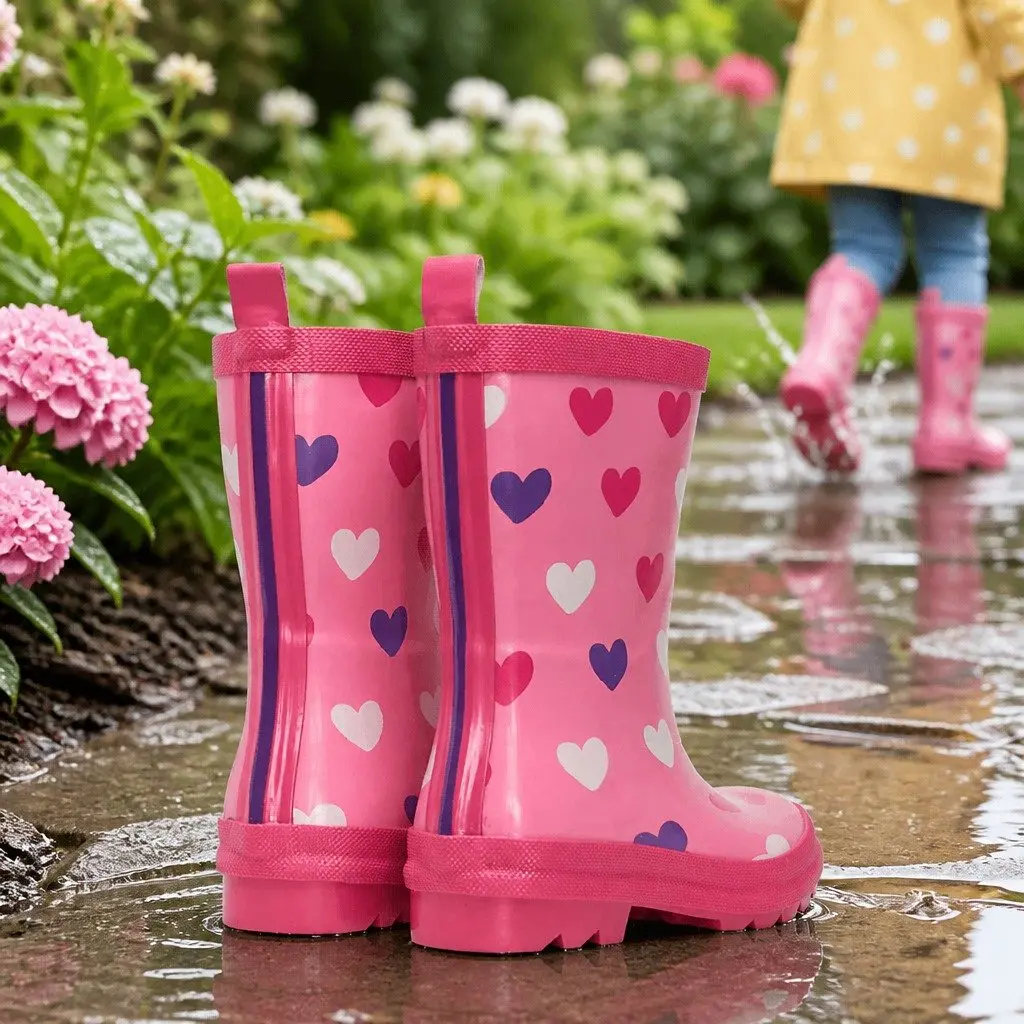 Kids Rain Boots Pink Navy Size 8 Waterproof Slip Resistant Matte Removable Insole