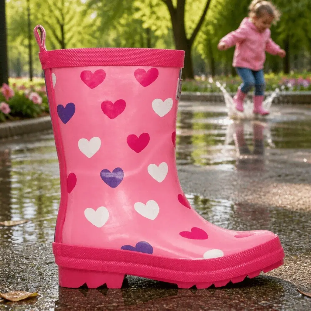 Kids Rain Boots Pink Navy Size 8 Waterproof Slip Resistant Matte Removable Insole