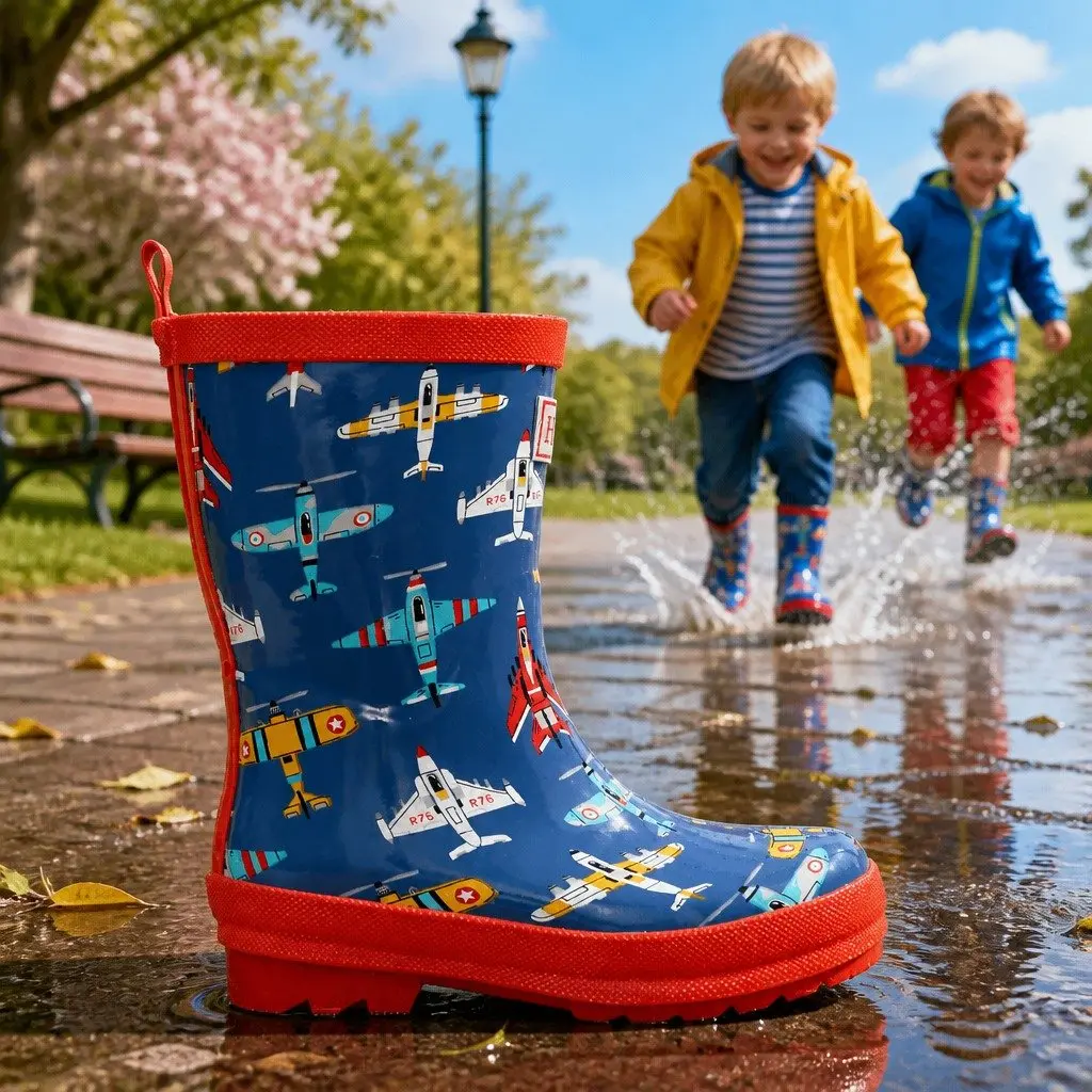 Kids Rain Boots Pink Navy Size 6 Waterproof Slip-Resistant Rubber Matte Flying Aircrafts