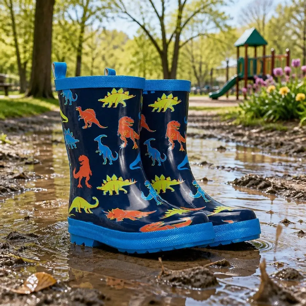 Kids Rain Boots Pink Navy Linework Dinos Waterproof Slip-Resistant Rubber Matte