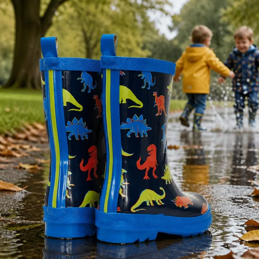 Kids Rain Boots Pink Navy Linework Dinos Waterproof Slip-Resistant Rubber Matte