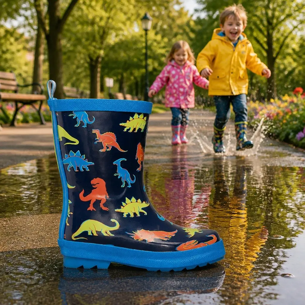 Kids Rain Boots Pink Navy Linework Dinos Waterproof Slip-Resistant Rubber Matte