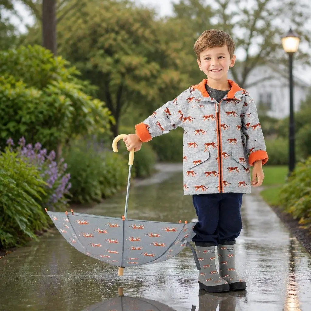 Kids Umbrella with Wooden Handle Rainy Day Fun Colourful Print Design 23 inch