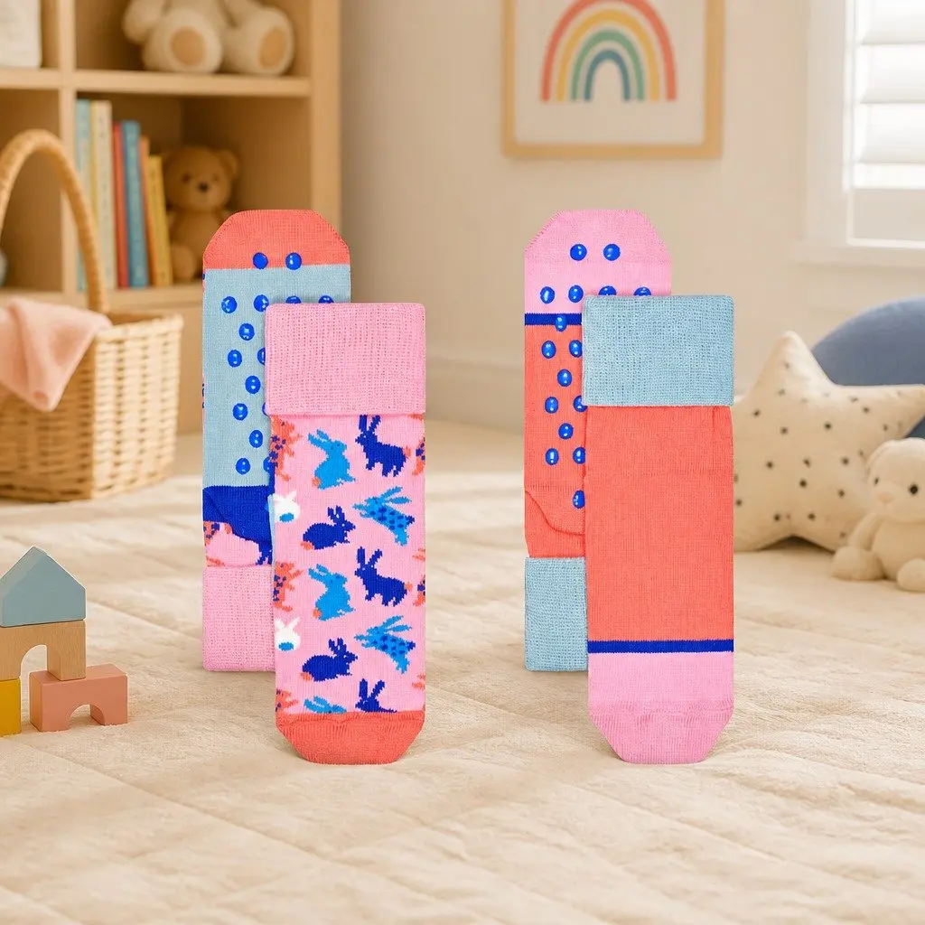 Kids Anti Slip Bunny Socks 2-Pack Grey 2-3 Years Toddler Grip Socks with Foldable Cuff