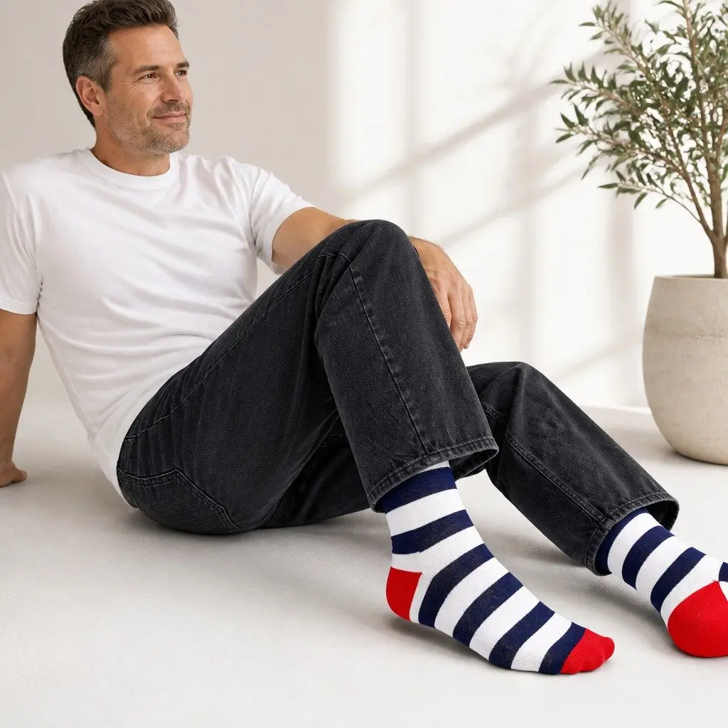 Adult Stripe Socks Size 36-40 Navy White Cotton Comfortable Everyday Wear