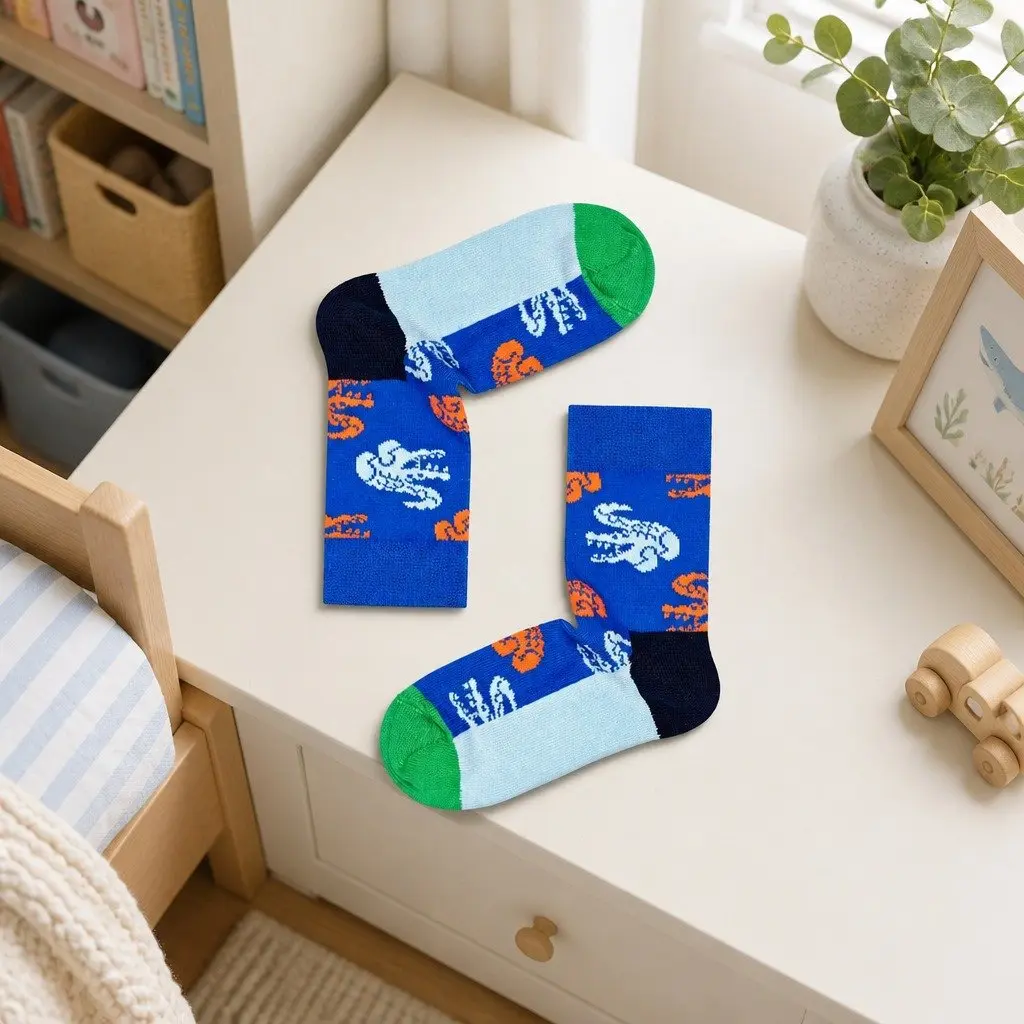 Kids Socks Crocodile Print Colorful Soft Combed Cotton 2-3 Years Reinforced Heel and Toe