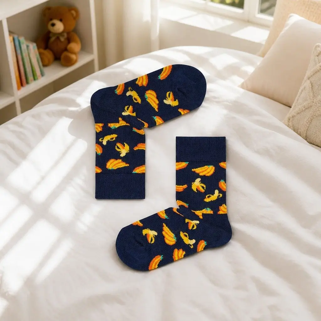Kids Socks Dark Banana Pattern 2-3 Years Combed Cotton Reinforced