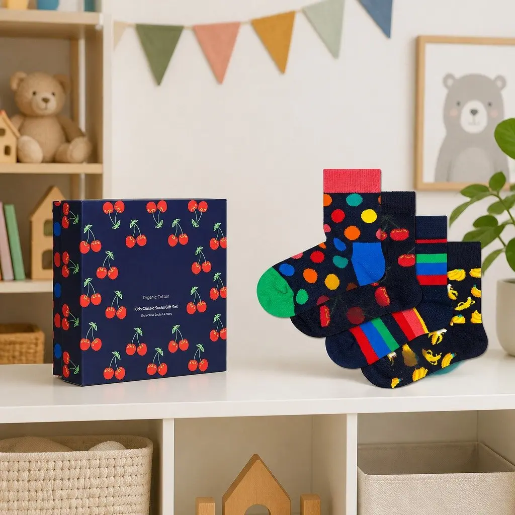 Kids Socks Gift Set 4-Pack Classic Soft Cotton Size 2-3 Years Cherry Print