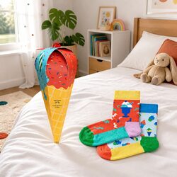 Kids Socks 2-Pack Ice Cream Design Soft Cotton Organic Reinforced Heel Toe Name