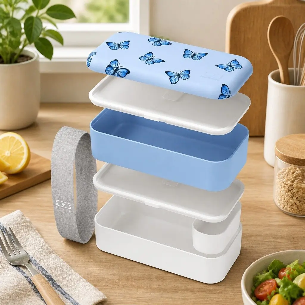 Lunch Bento Box Blue Two Tier 1L Airtight Microwave Dishwasher Safe Food Container