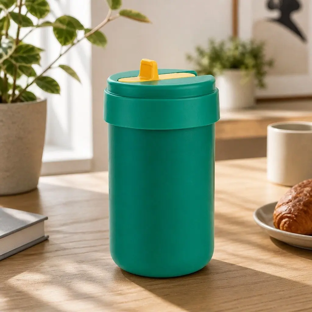 Thermo Coffee Cup Green 380ml Portable Double-Layer Insulated Drink Bottle with Strap