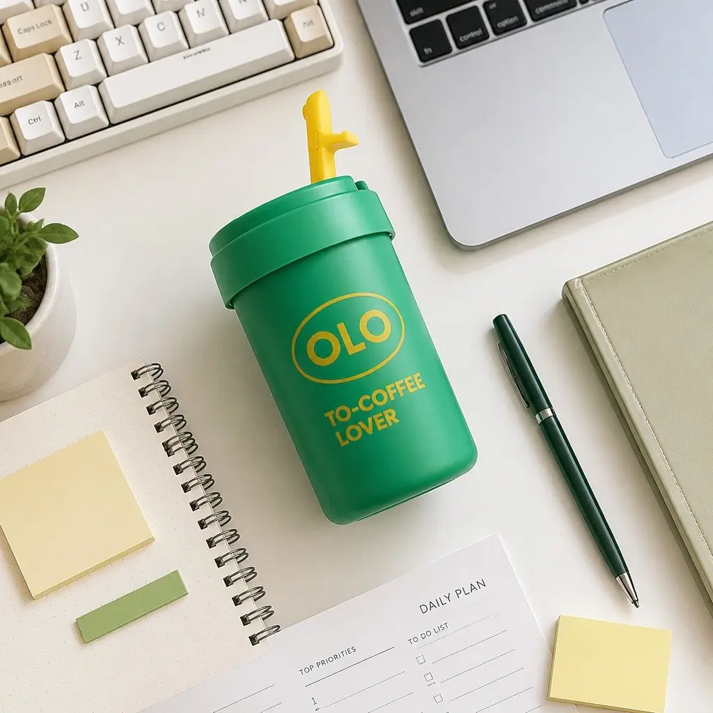 Thermo Coffee Cup Green 380ml Portable Double-Layer Insulated Drink Bottle with Strap
