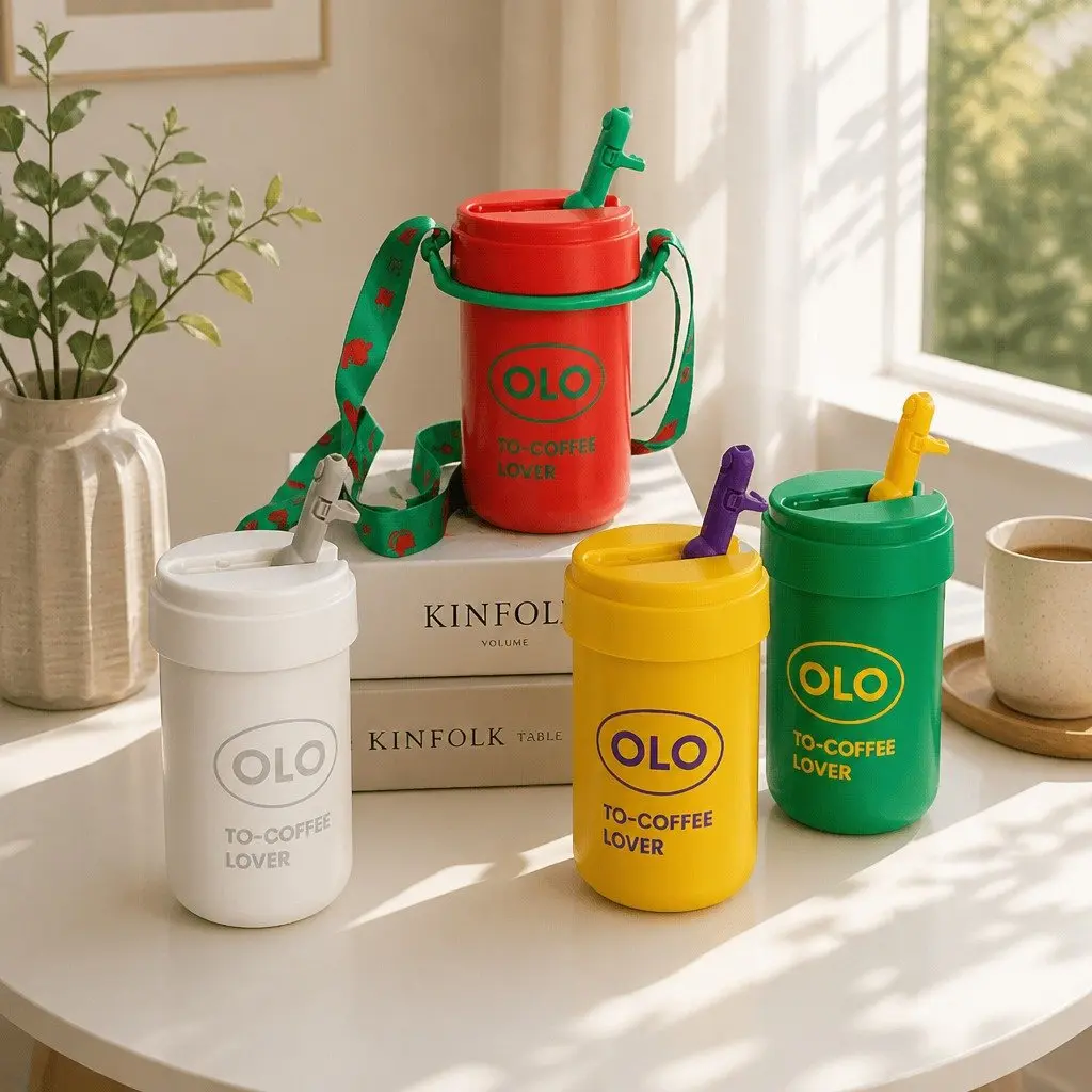 Thermo Coffee Cup Green 380ml Portable Double-Layer Insulated Drink Bottle with Strap