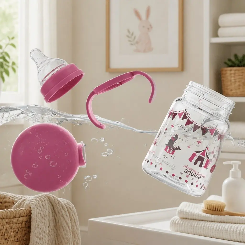 Kids Straw Bottle Mug Pink 200ml Portable Training Sippy Cup Removable Handles