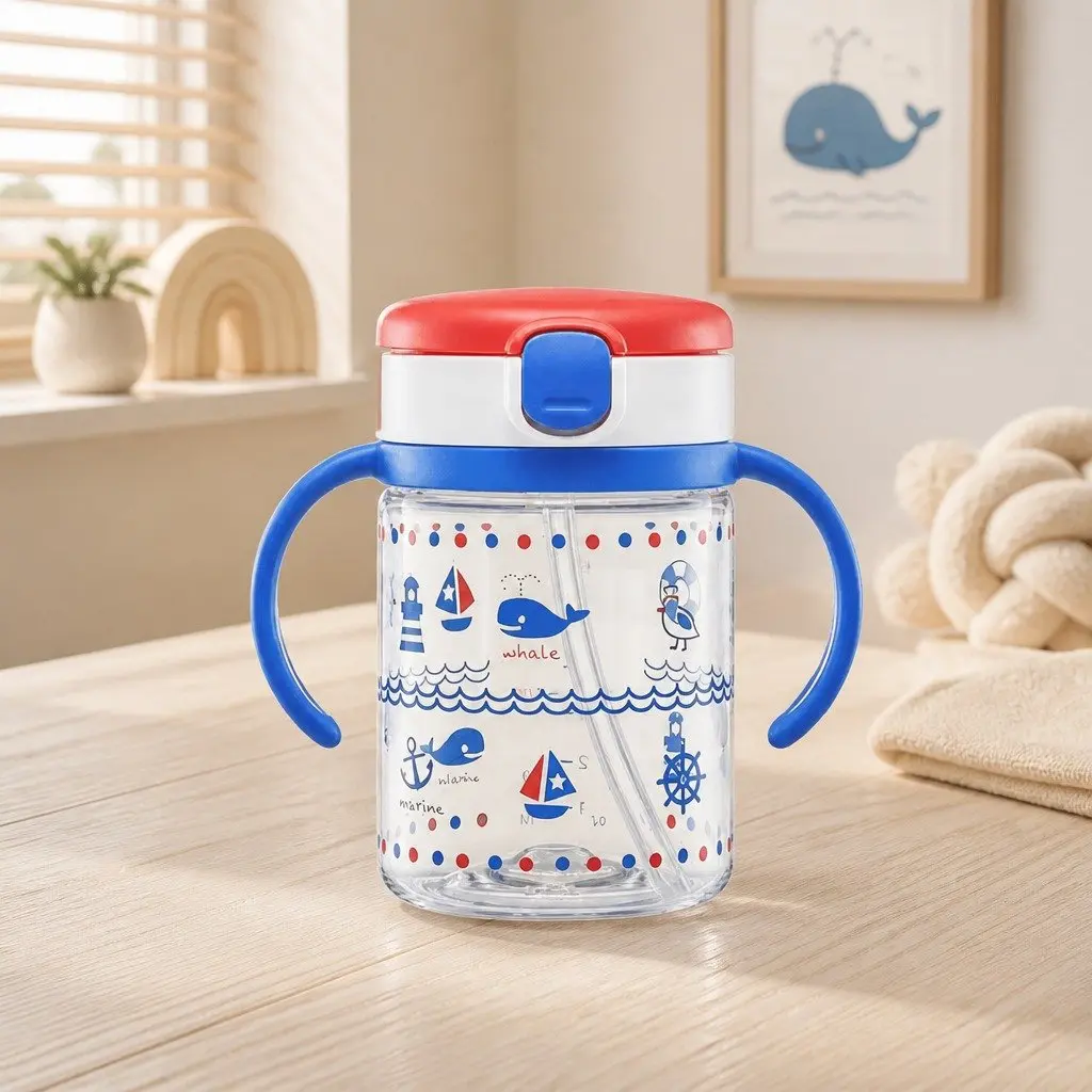 Straw Bottle Mug Blue Ocean 200ml Kids Drinking Cup with Handle Removable Spout Training