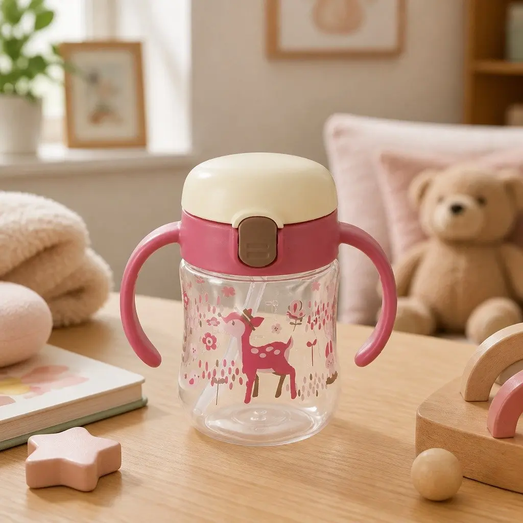 Sippy Cup Pink Deer 200ml Easy-Grip Handle Straw Training Bottle