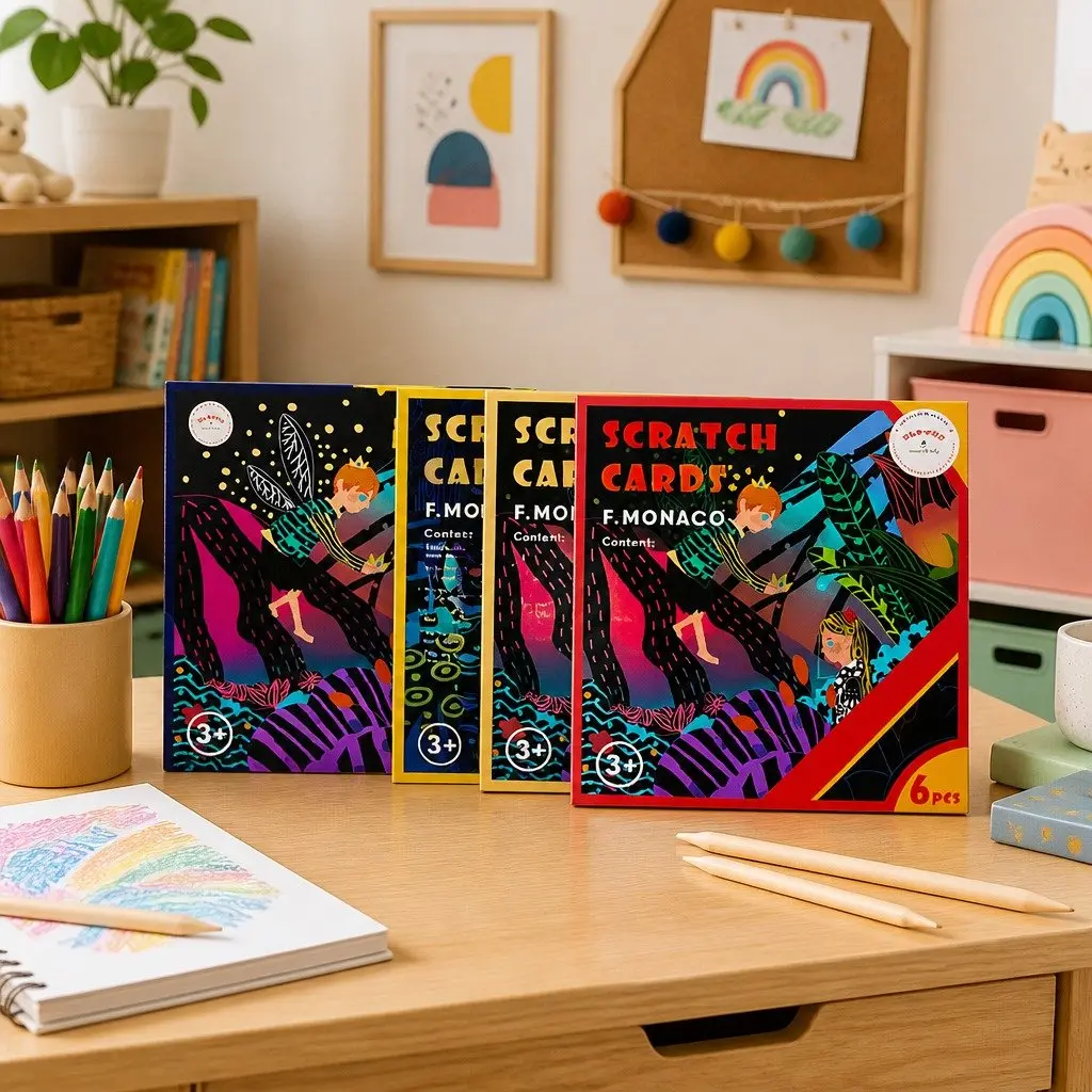 Kids Scratch Art Set Black Double-layered Paper 3 Themes 6 Pictures per Theme Creative Drawing Activity
