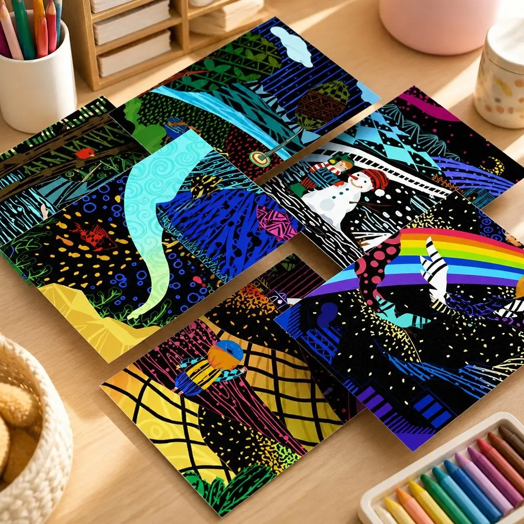 Kids Scratch Art Set Black Double-layered Paper 3 Themes 6 Pictures per Theme Creative Drawing Activity