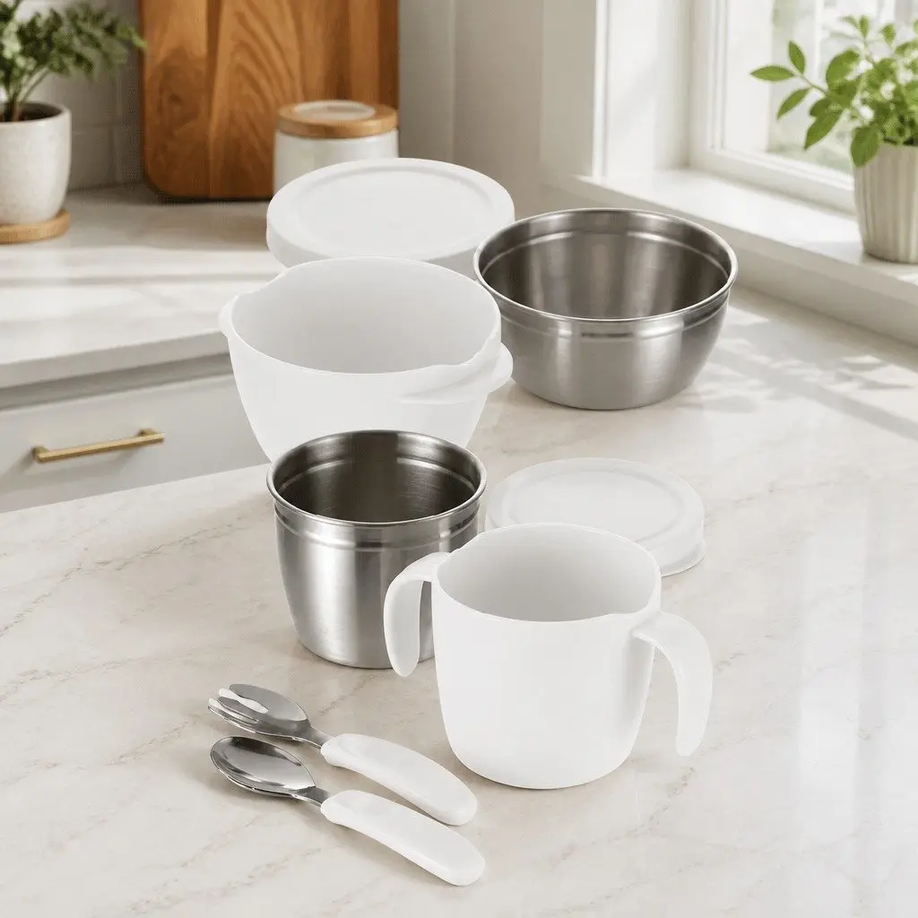 Kids Feeding Set Stainless Steel White 360ml Suction Cup Bowl Handle BPA Free