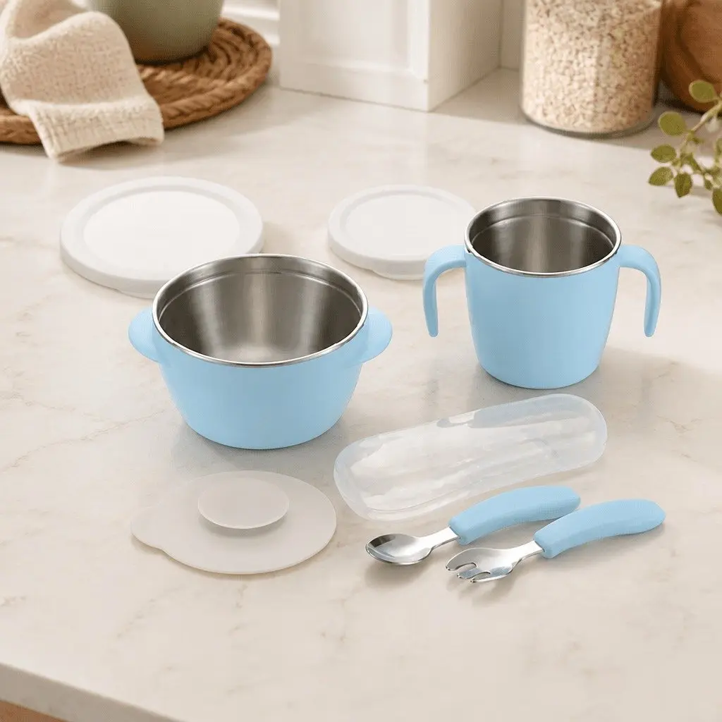 Kids Feeding Set Blue Stainless Steel Bowl Spoon Training Utensil 360ml 250ml
