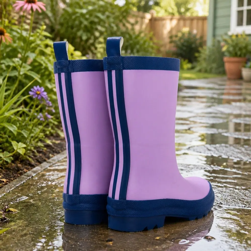 Kids Rain Boots Pink Navy Waterproof Slip Resistant Rubber Size 8