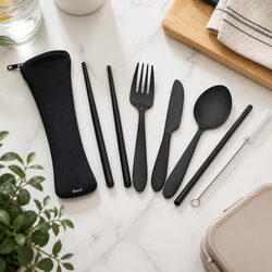 Traveller's Cutlery Set Stainless Steel 7 Piece with Pouch Chopsticks Straw
