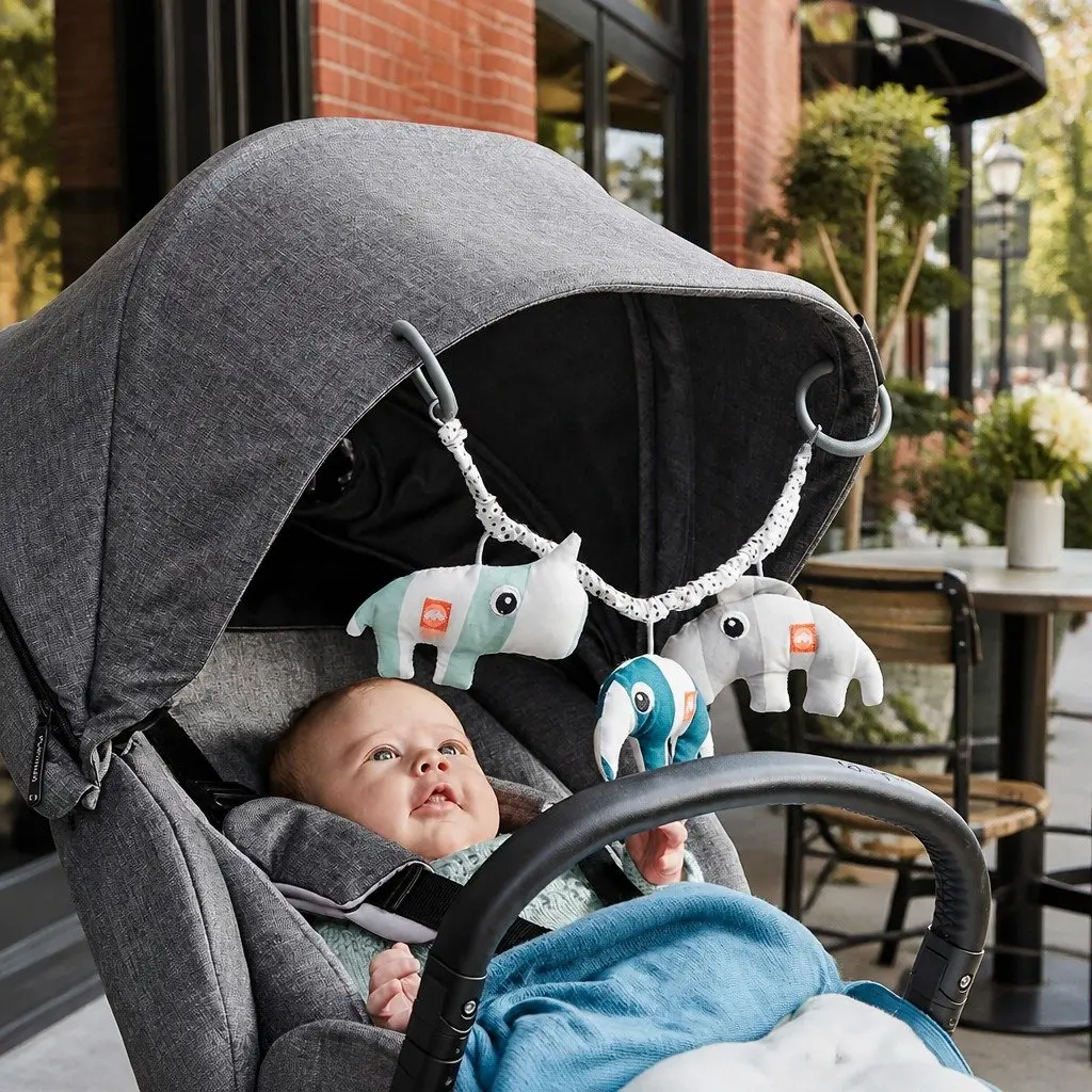 Pram Toy Deer Friends Blue Stroller Attachment Baby Entertainment On The Move