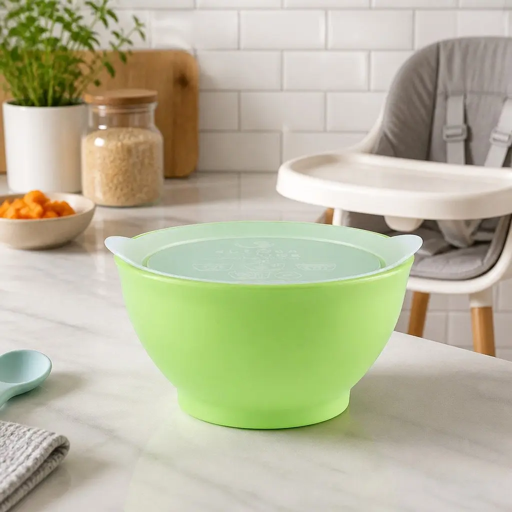 Kids Spill-Proof Bowl Green 8oz Anti-Slip Twin Pack with Lid