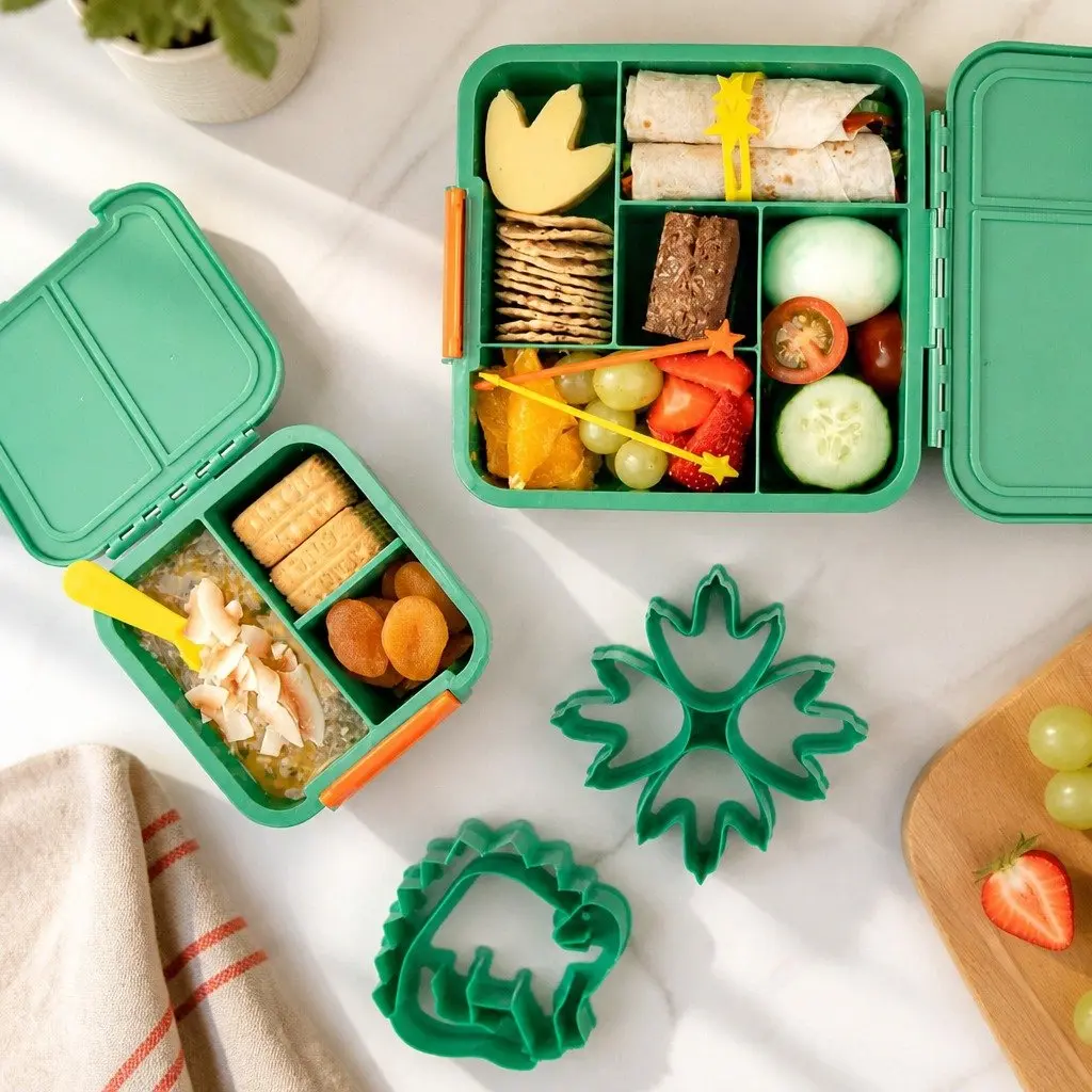 Dinosaur Sandwich Cutters Green 2 Piece Fun Lunch Punch Bento Box Shapes Cutout Set