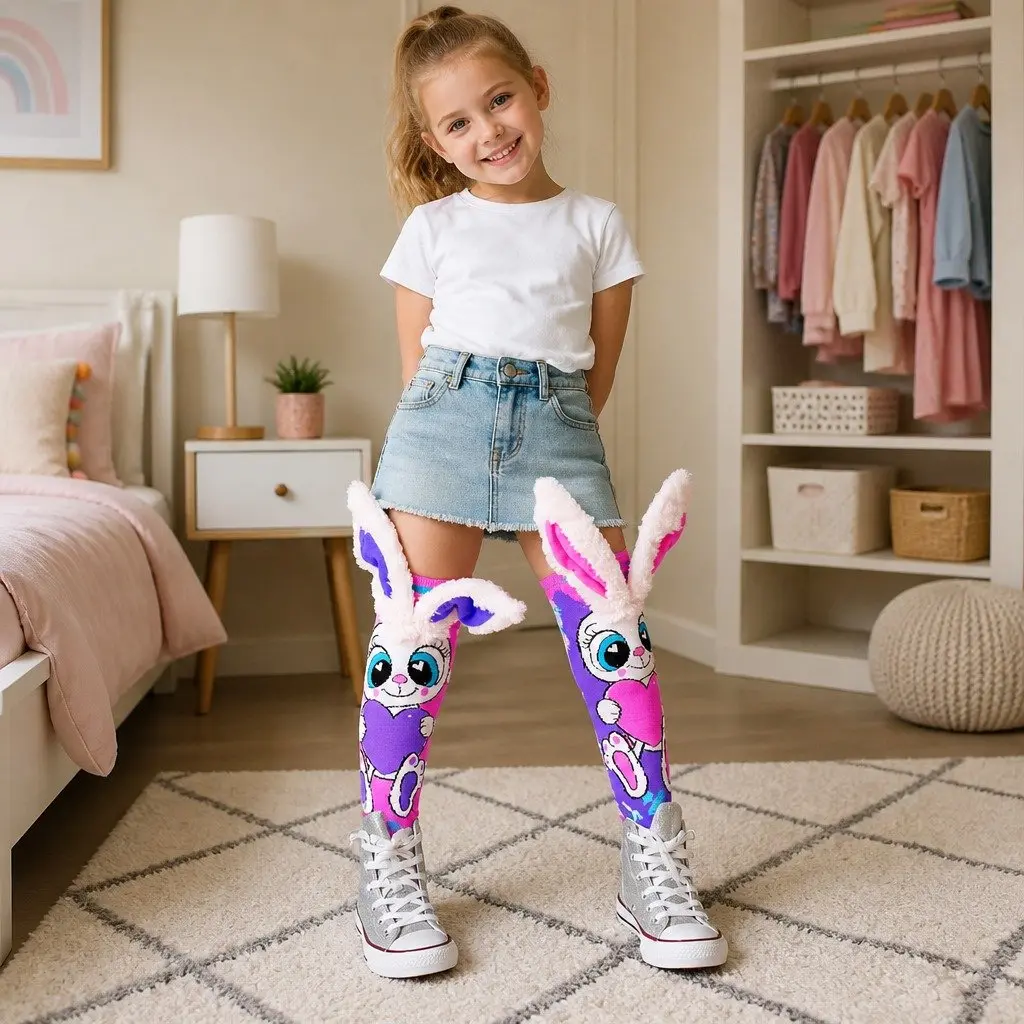 Knee-High Socks Pink One Size 3D Ears UV Glow for Toddlers Ages 3-5
