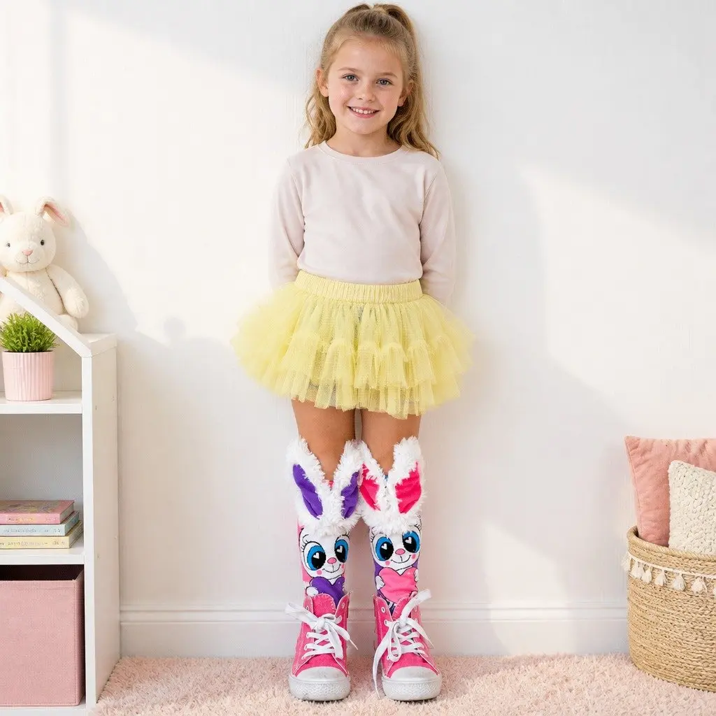 Knee-High Socks Pink One Size 3D Ears UV Glow for Toddlers Ages 3-5