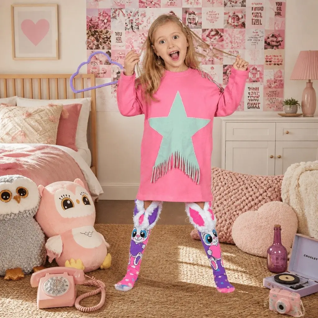 Knee-High Socks Pink One Size 3D Ears UV Glow for Toddlers Ages 3-5