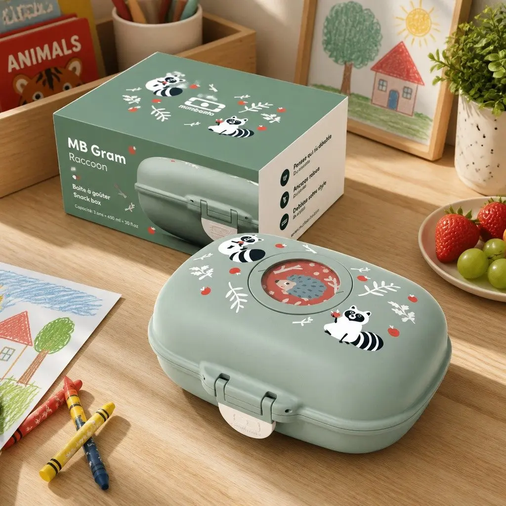 Kids Snack Lunch Box Green Compact Portable Bento Box with Raccoon Print