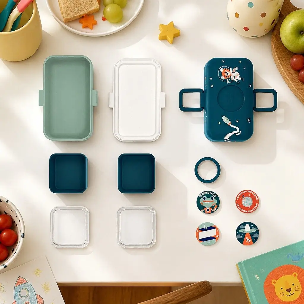 Kids Bento Lunch Box Cosmic Blue with Compartments Handle Airtight Food Storage Container