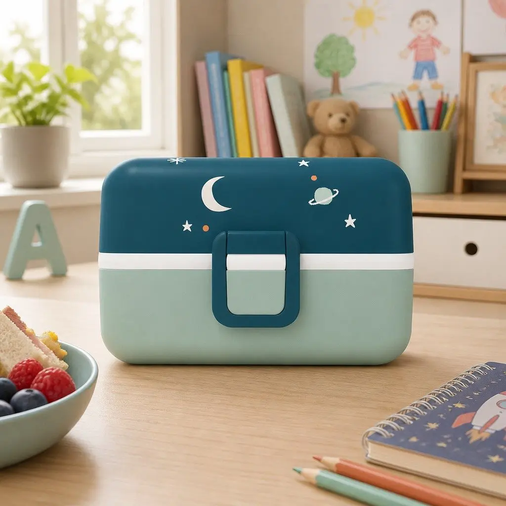 Kids Bento Lunch Box Cosmic Blue with Compartments Handle Airtight Food Storage Container