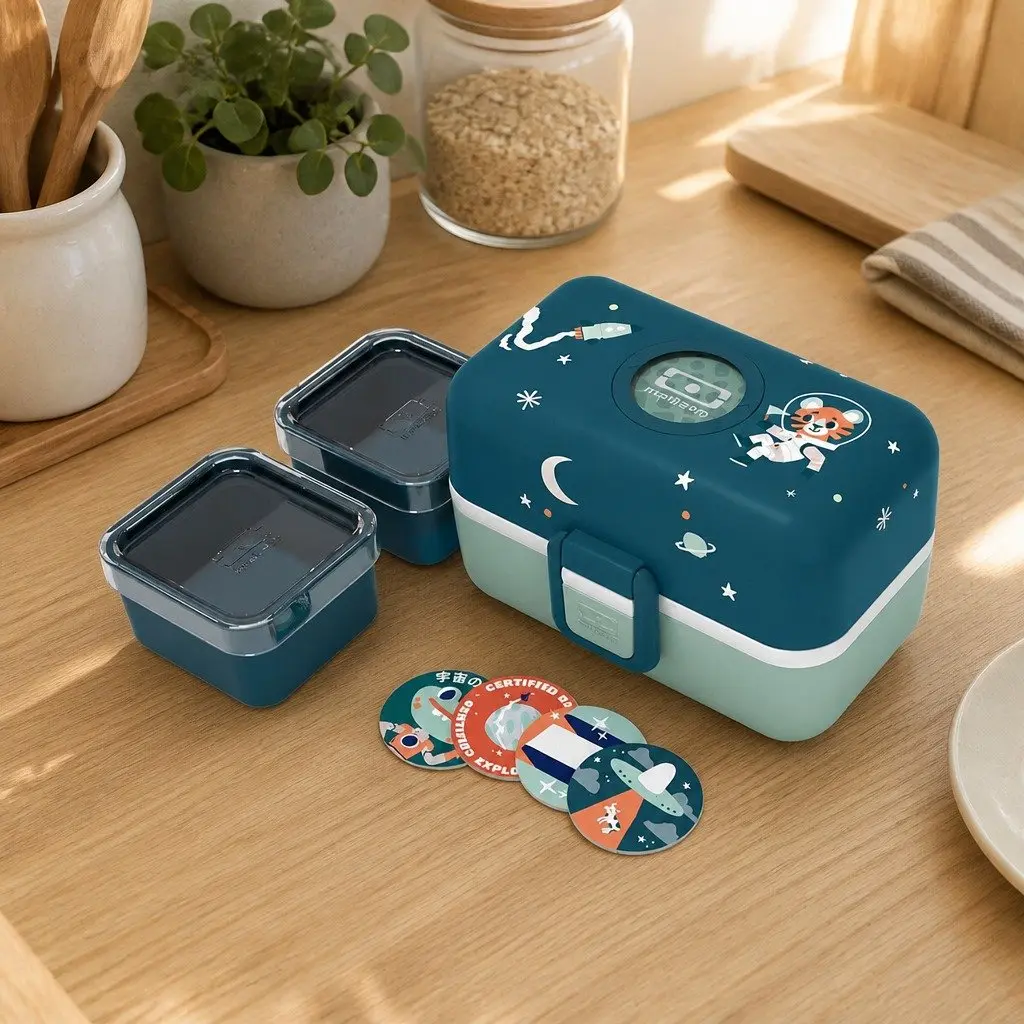 Kids Bento Lunch Box Cosmic Blue with Compartments Handle Airtight Food Storage Container