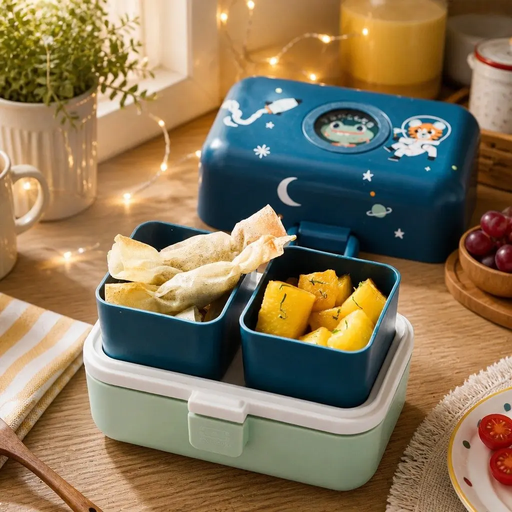 Kids Bento Lunch Box Cosmic Blue with Compartments Handle Airtight Food Storage Container