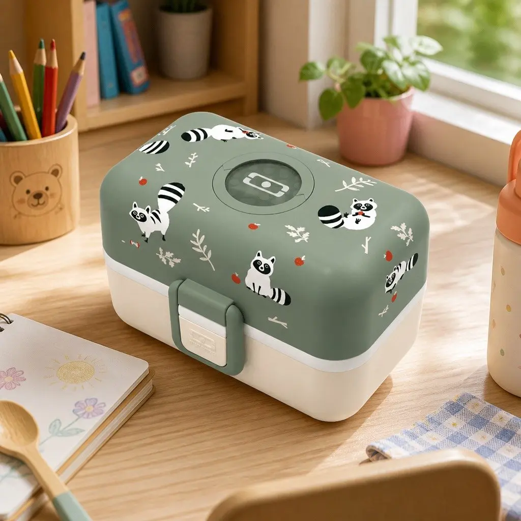 Kids Bento Lunchbox Green Raccoon Compartment Container Handle Lunch Box