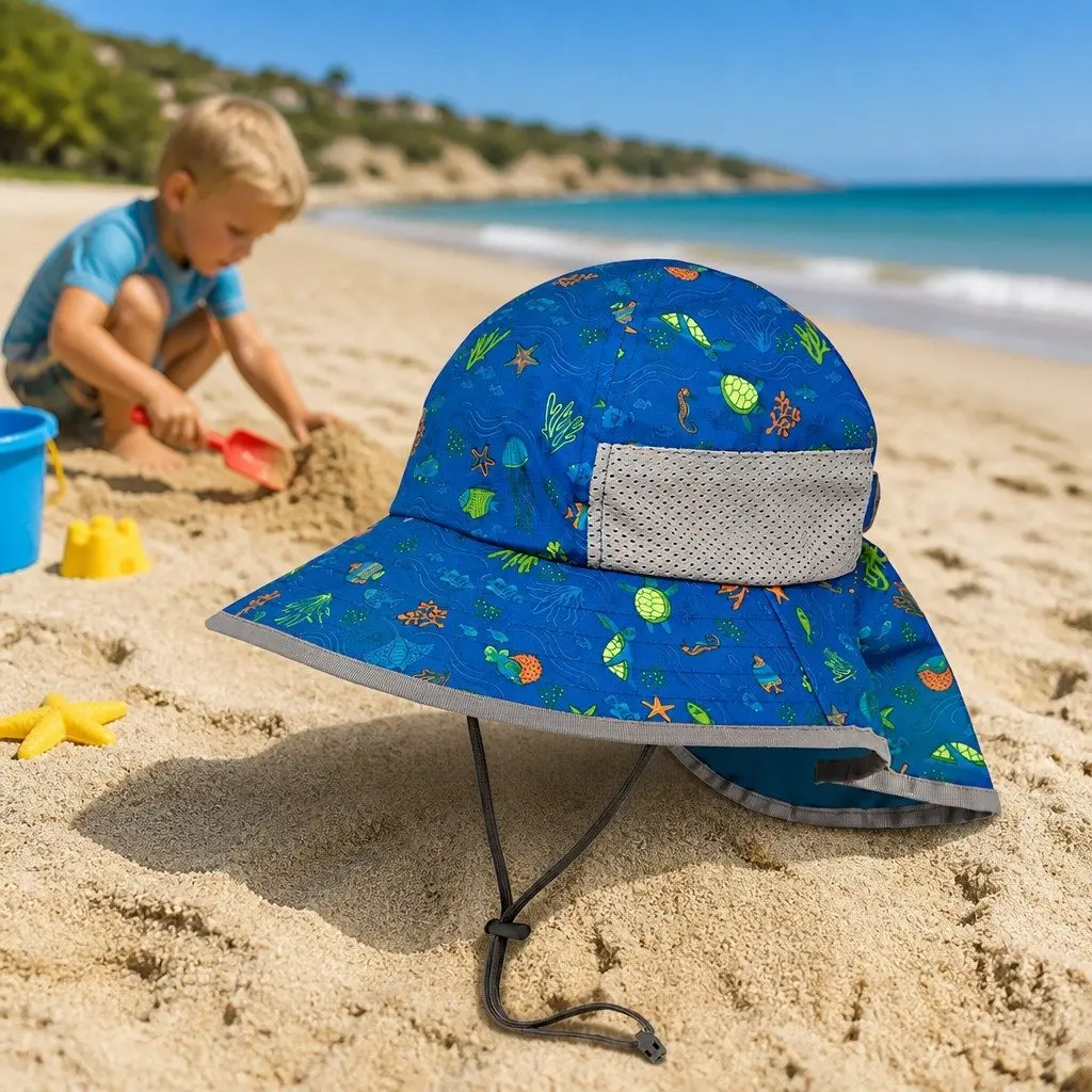 Kids Play Hat Blue Small UPF50+ Sun Protection Floatable Brim Back Veil