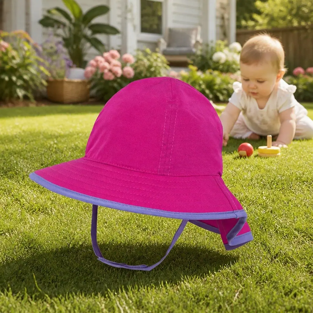 Infant Sun Hat Vivid Magenta UPF50+ Crushable Packable Neck Cape for Babies 6-12 Months