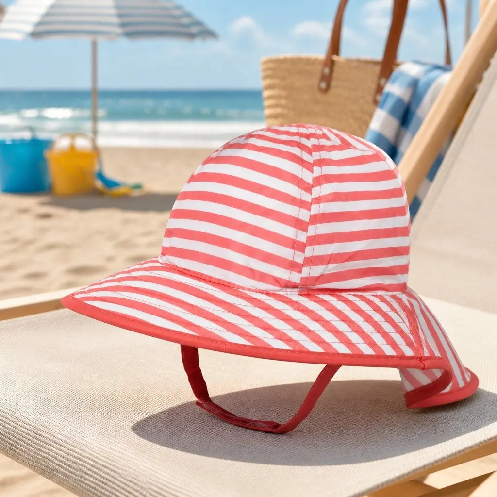 Infant Sun Hat Coral White Stripe UPF50+ Packable Crushable Adjustable Comfort Fit