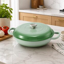Enameled Cast Iron Dutch Oven Pot 3.3L Green Lid Bread Baking Braising Stewing