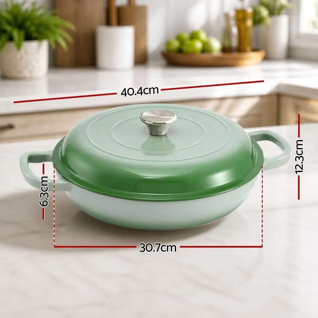 Enameled Cast Iron Dutch Oven Pot 3.3L Green Lid Bread Baking Braising Stewing