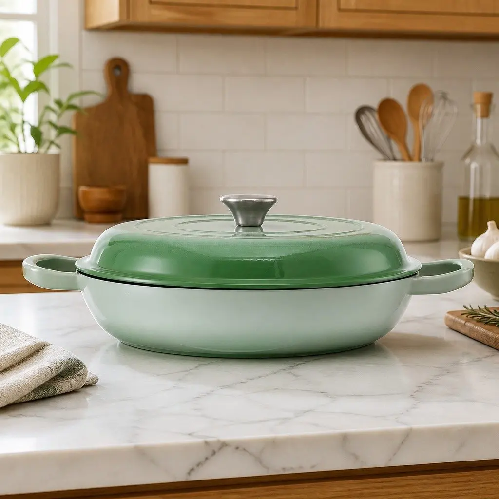 Enameled Cast Iron Dutch Oven Pot 3.3L Green Lid Bread Baking Braising Stewing