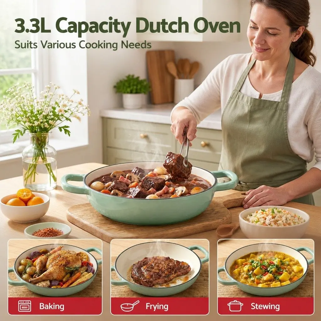 Enameled Cast Iron Dutch Oven Pot 3.3L Green Lid Bread Baking Braising Stewing