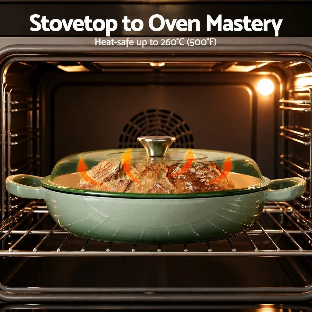 Enameled Cast Iron Dutch Oven Pot 3.3L Green Lid Bread Baking Braising Stewing