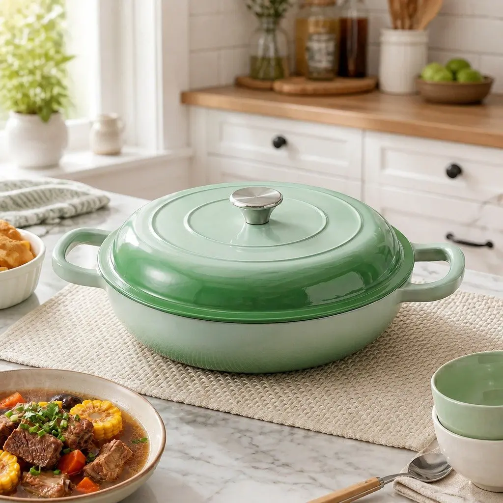 Enameled Cast Iron Dutch Oven Pot 3.3L Green Lid Bread Baking Braising Stewing