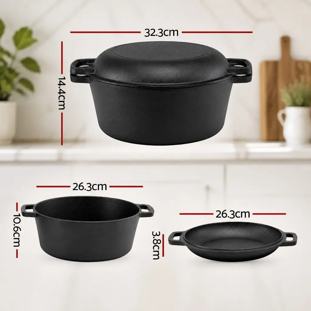 5L Cast Iron Dutch Oven Black Dual Handles 2-in-1 Bread Baking